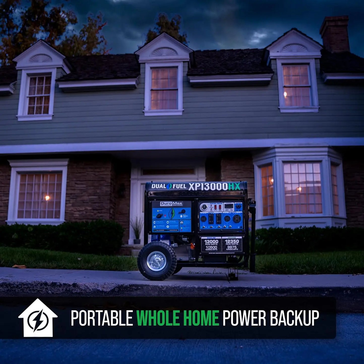 Dual Fuel Portable Generator 13000 Watt Gas or Propane Powered Electric Start Blue 50 State Approved CO Alert