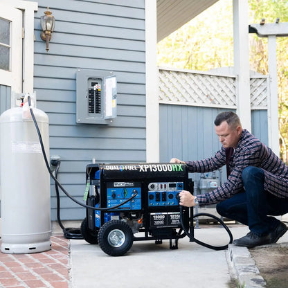 Dual Fuel Portable Generator 13000 Watt Gas or Propane Powered Electric Start Blue 50 State Approved CO Alert