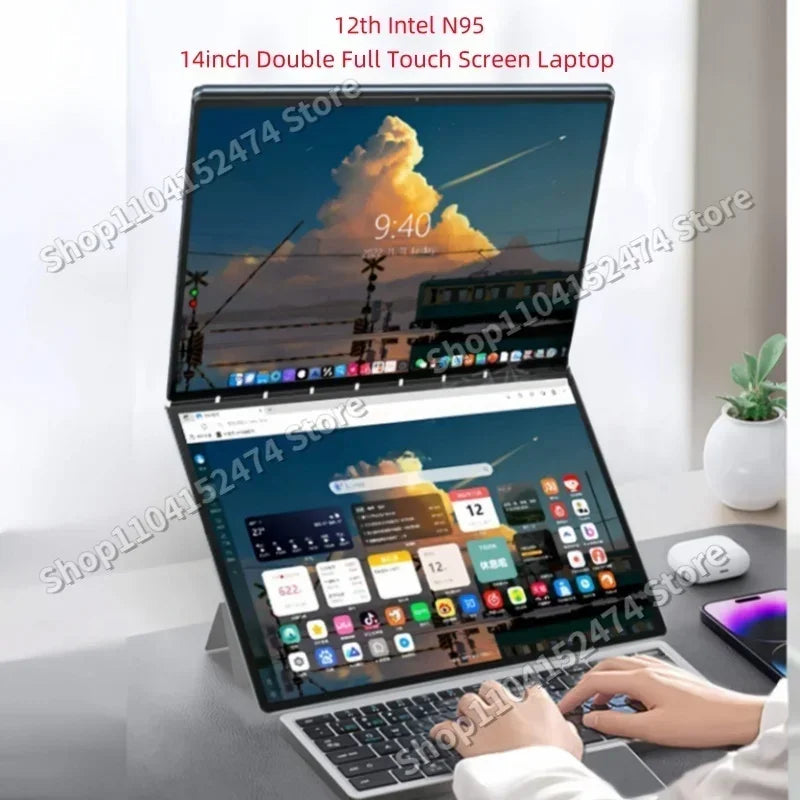 Dual Screen Laptop 14+14 Inch 2K Touch Screen Notebook 16GB Intel N95 CPU 360 Degree Flip Metal Case 2 in 1 Laptop Computer