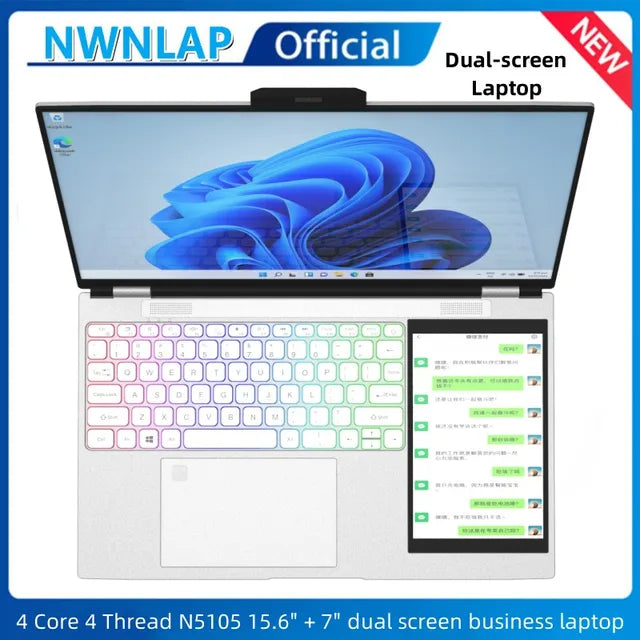 WORLD Dual Screen Laptop 15.6 Inch 2K IPS+ 7 Inch Touch Screen Intel N100 Processor Gaming Laptop DDR4 16GB 2TB SSD Notebook Computer