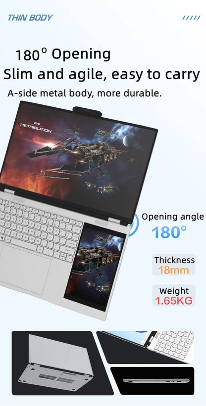 WORLD Dual Screen Laptop 15.6 Inch 2K IPS+ 7 Inch Touch Screen Intel N100 Processor Gaming Laptop DDR4 16GB 2TB SSD Notebook Computer