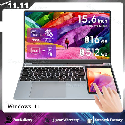 Dual-Screen-Laptop 15,6"ips 7" Touchscreen 16GB DDR4 2TB SSD Intel N100 Windows 11 Notebook Gaming Kantoor Notebook PC-Computer