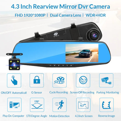 Marveloustoree E-ACE Dash Cam 4.3 Inches Car DVR Rearview Mirror Driving Recorder Dual Lens Front and Rear Camera Video Recorder Black Box