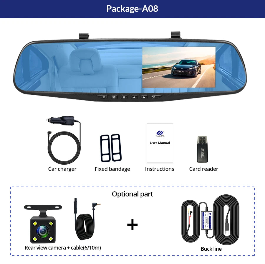 Marveloustoree E-ACE Dash Cam 4.3 Inches Car DVR Rearview Mirror Driving Recorder Dual Lens Front and Rear Camera Video Recorder Black Box