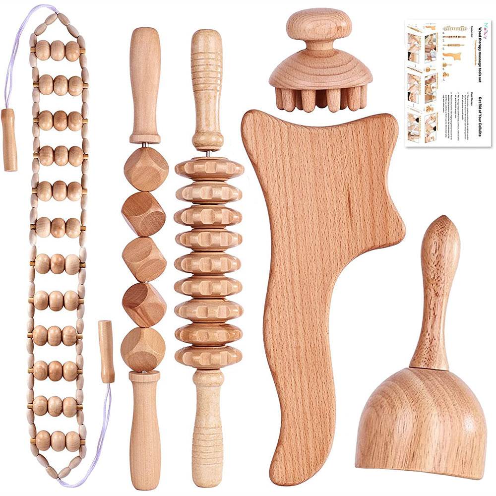 Beech wood therapy scraping cup, meridian dredging roller, tendon rolling stick, scraping board, head massager, massage set - MarvelouStoree