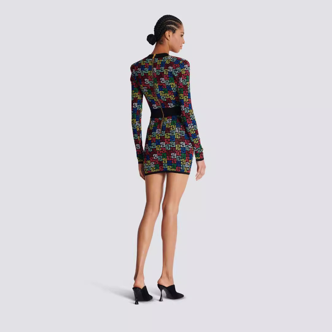 Colorful jacquard sexy deep V-short dress, fashionable and hot socialite party dress