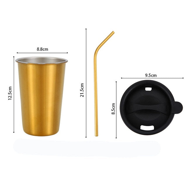 500ml 304 Stainless Steel Coffee Mugs Metal Straw Reusable Tumbler Pint Outdoor Camping Travel Mug Drinking Juice Tea Beer Cups