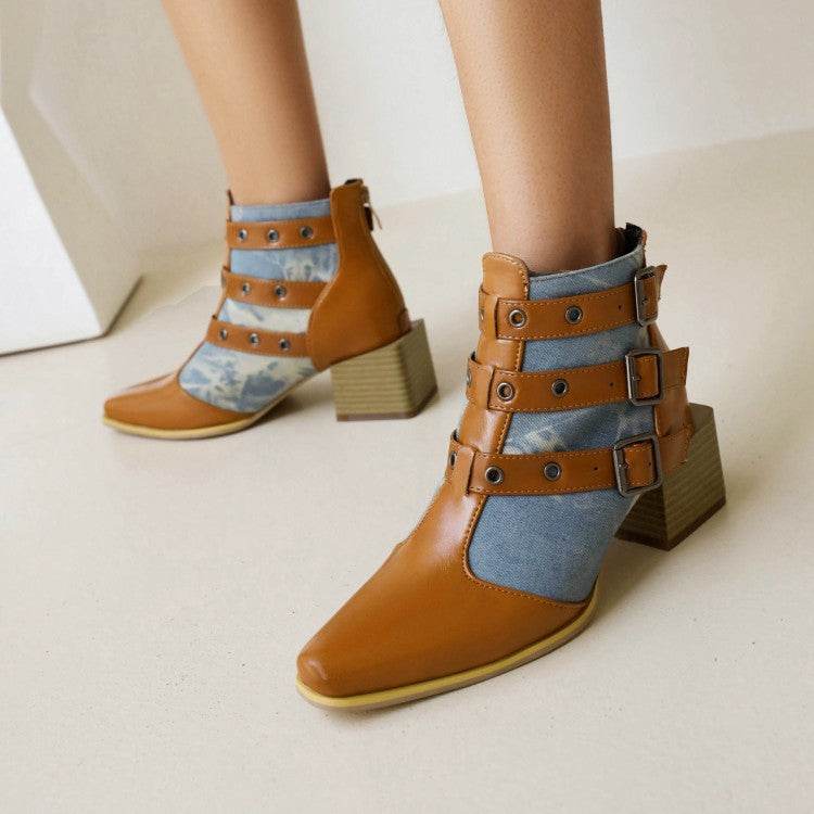 40-48 Ladies Chunky Heel Booties Colorblock Belt Buckle Back Zip Mid Heel Biker Boots - MarvelouStoree