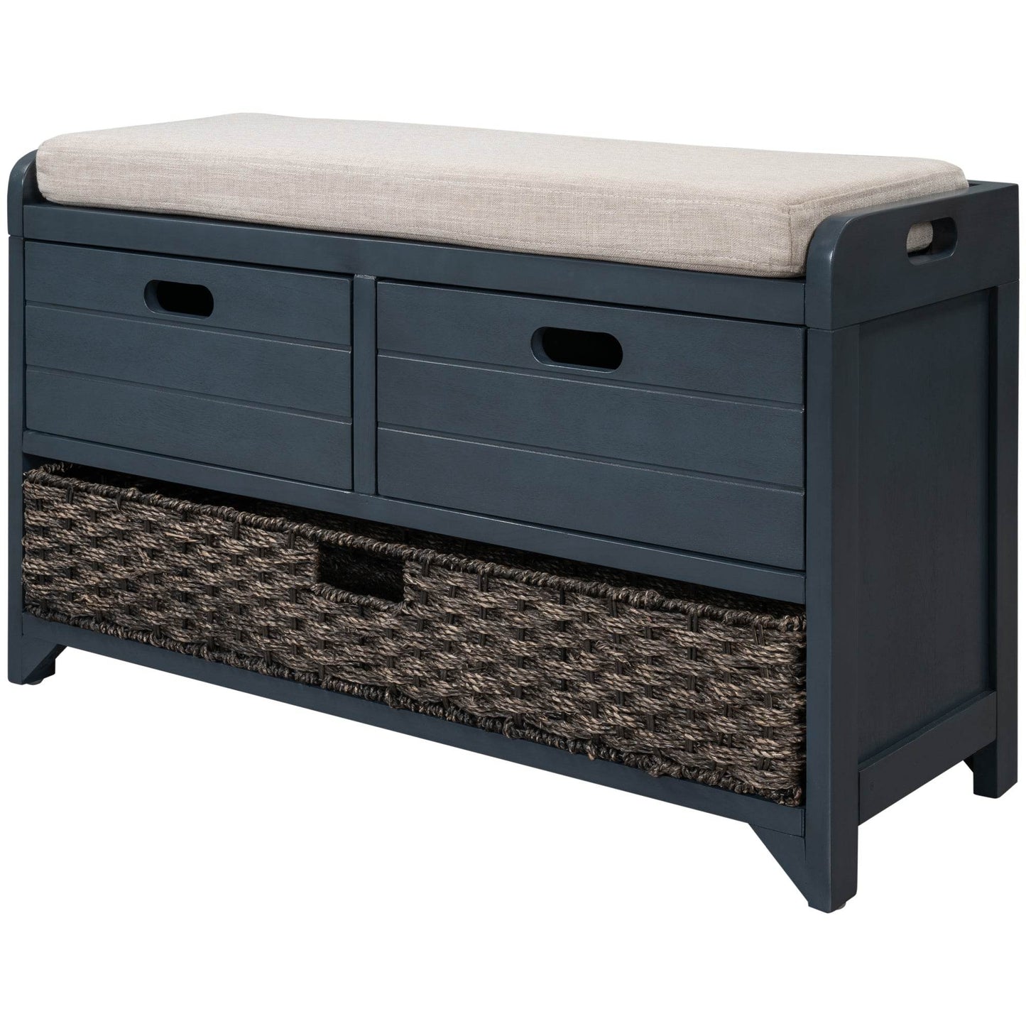 TREXM Storage Bench with Removable Basket and 2 Drawers, Fully Assembled Shoe Bench with Removable Cushion (Navy) - MarvelouStoree