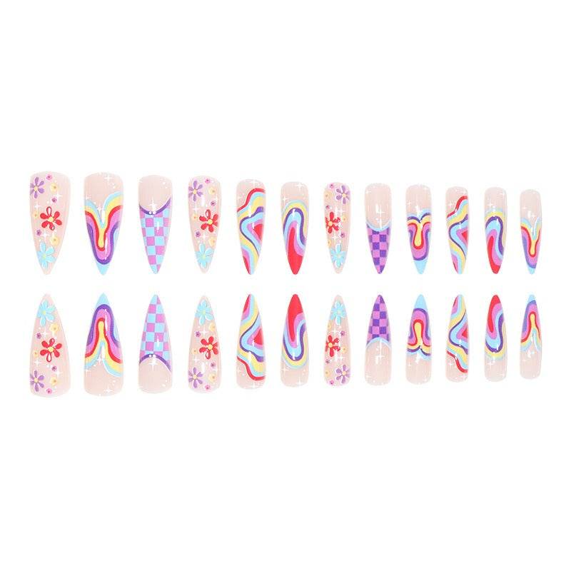 European and American wearable fake nails multi-color corrugated small flower checkerboard nails - MarvelouStoree