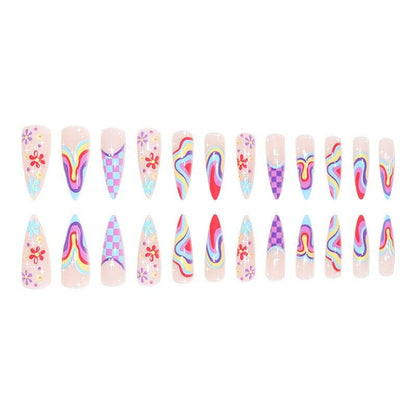 European and American wearable fake nails multi-color corrugated small flower checkerboard nails - MarvelouStoree