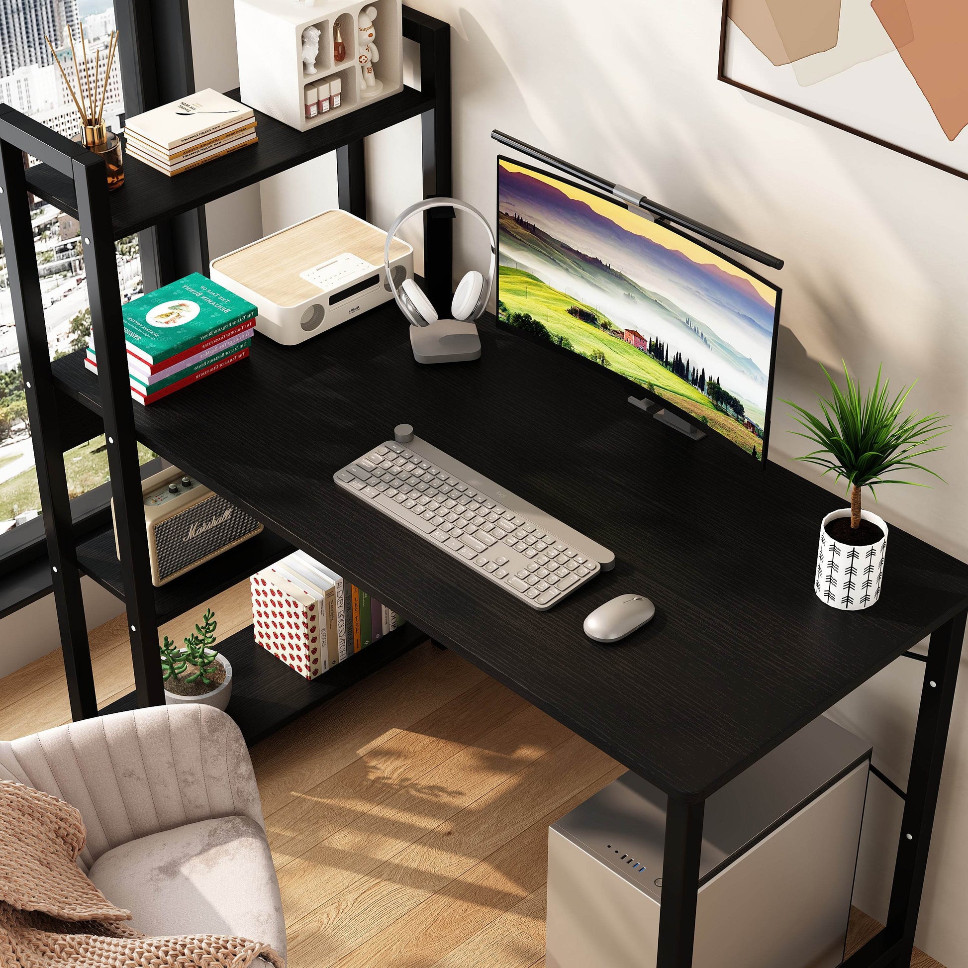 Bedroom desk, steel frame, computer desk, student desk, desk with 4 storage shelves, computer desk, metal and wood - MarvelouStoree