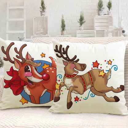 Christmas reindeer print pillow cover linen pillowcase home holiday sofa decoration - MarvelouStoree