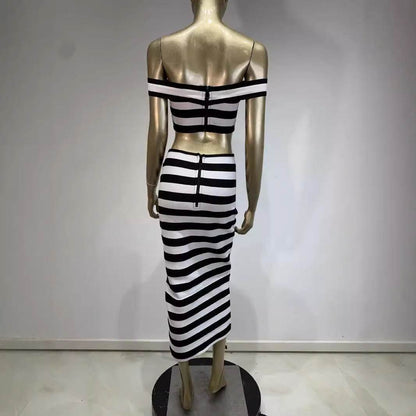 New Black and White Zebra Pattern Bandage Skirt Set European and American Fashion Off Shoulder Short Top Long Skirt Two Piece Set - MarvelouStoree