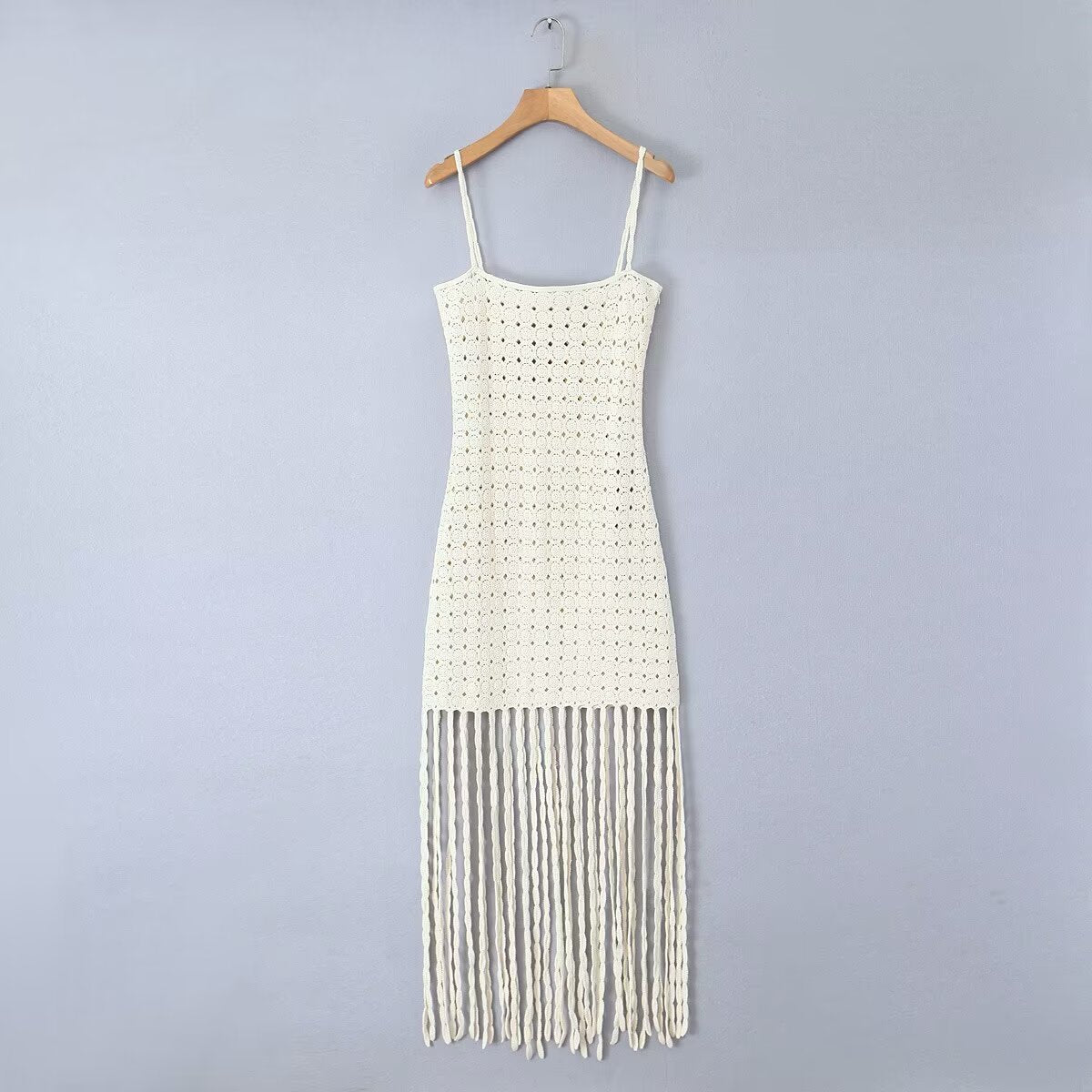 New women's pullover big U-neck sleeveless suspender hem tassel embellished crochet dress