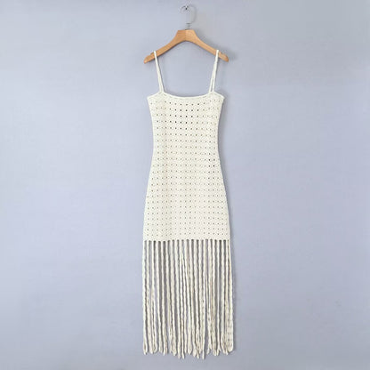 New women's pullover big U-neck sleeveless suspender hem tassel embellished crochet dress