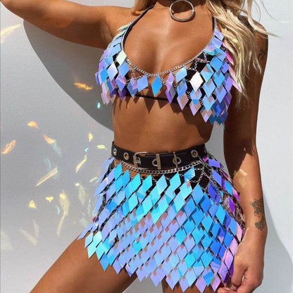 Fashion music festival multi layer radiant rhombus tassel chest chain body chain party performance waist chain - MarvelouStoree