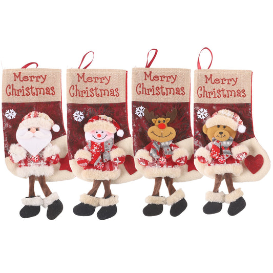 Christmas Children's Gift Linen Checkered Gift Bag Long Leg Old Man Snowman Elk Doll Christmas Socks