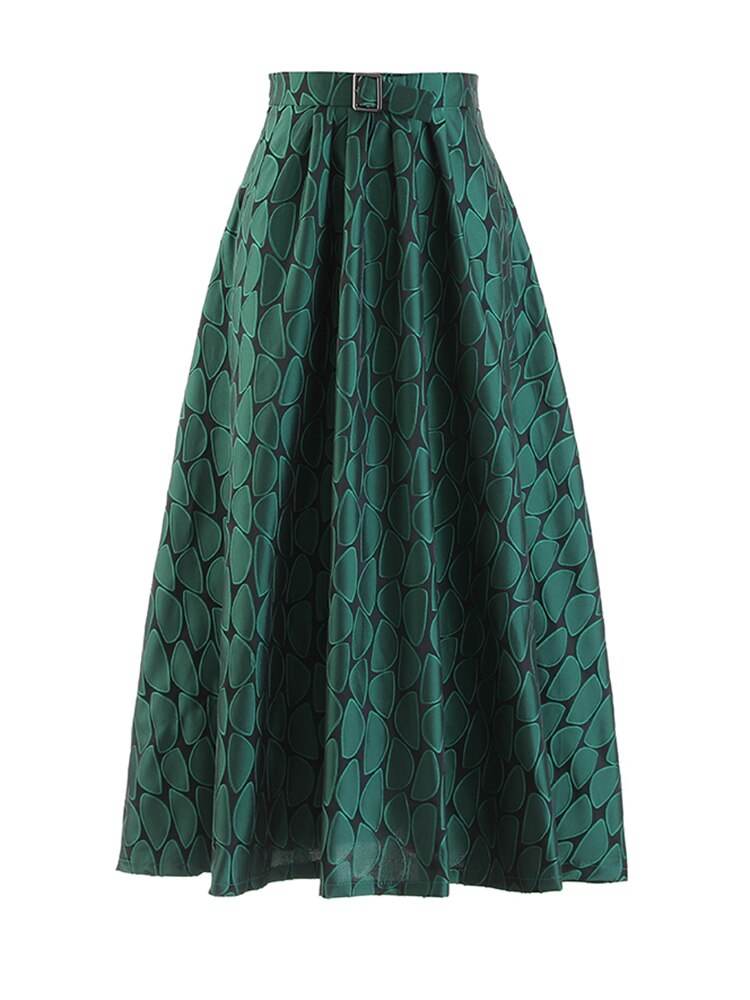 High Waist Green Pattern Printed Long Elegant A-line Half-body Skirt Women Fashion New Spring Autumn - MarvelouStoree