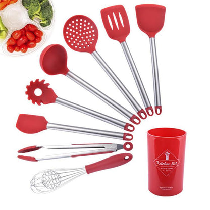 9pcs/set Stainless Steel Silicone Kitchen Utensil Set Tong Spoon Spatula Whisk Strainer Cooking Utensil with Storage Bucket