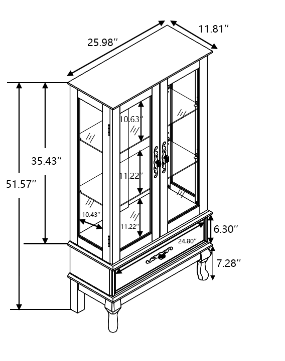 Curio cabinet lighting glass cabinet with adjustable glass frame, 2 doors and 1 drawer with light bulb, dark cherry color - MarvelouStoree