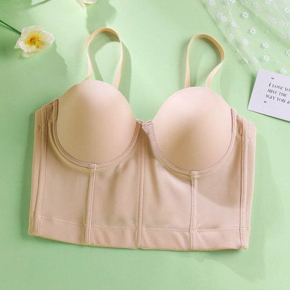 Strapless outer wear fishbone bra solid color with steel ring body shaping vest short - MarvelouStoree