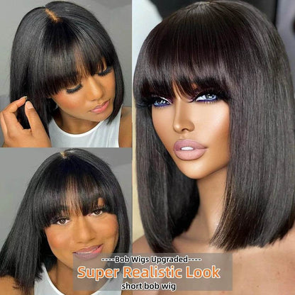 Middle Part 3X1 Hd Lace Wig Bone Straight Human Hair Wigs With Bangs Short Bob Wigs Full Machine Made Short Bob Human Hair Wigs - MarvelouStoree