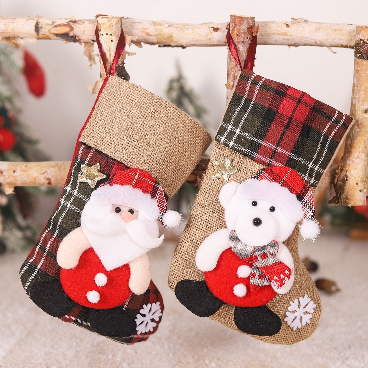 Christmas linen checkered gift bag 3D elderly snowman reindeer figurine Christmas boots pendant