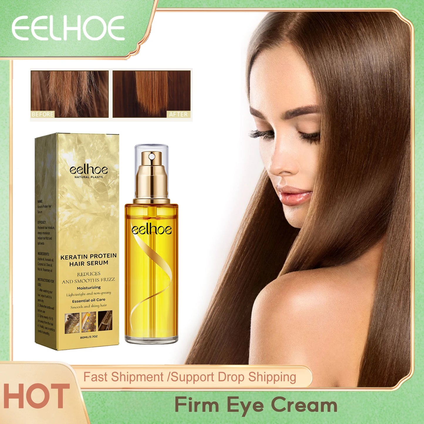 EELHOE Smoothing Hair Serum Spray Keratin Protein Correcting Molecular Repair Frizz Damaged Hair Soften Mask Beauty Health Care