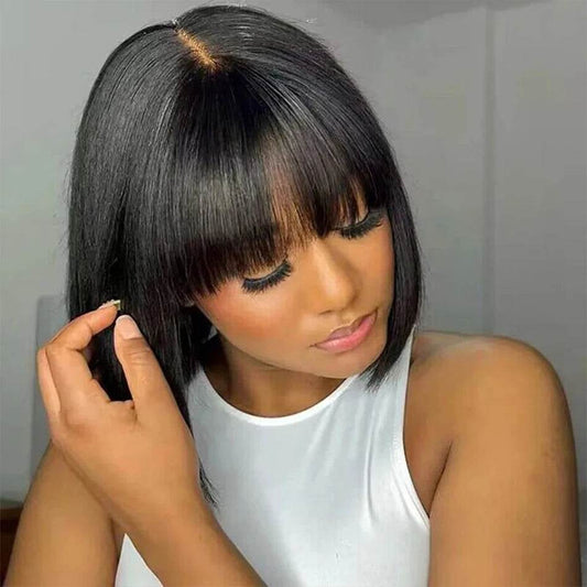 Middle Part 3X1 Hd Lace Wig Bone Straight Human Hair Wigs With Bangs Short Bob Wigs Full Machine Made Short Bob Human Hair Wigs - MarvelouStoree