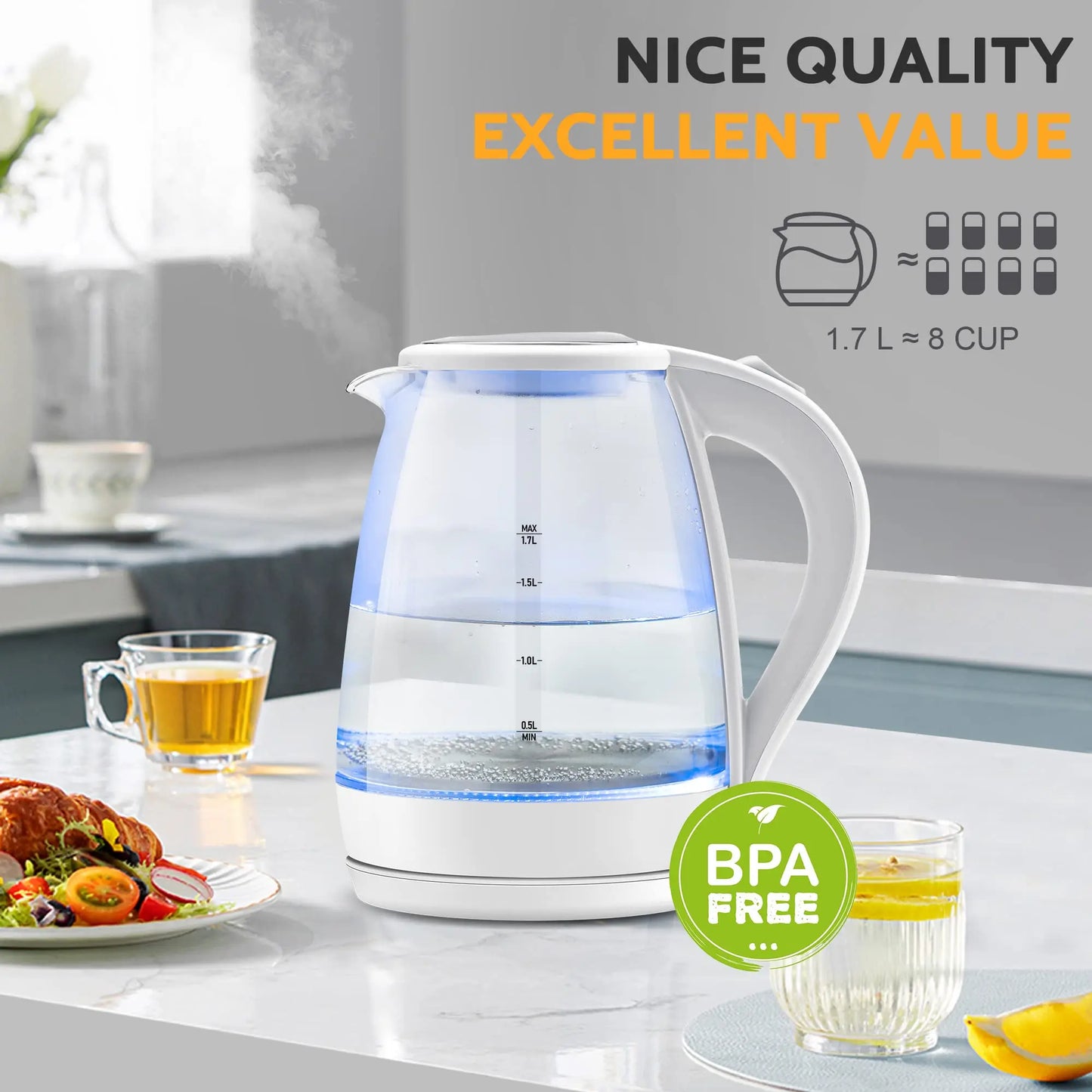 Marveloustoree Electric Tea Kettle - CACHOO 1.7L Borosilicate Glass Electric Kettle with LED Indicator, Fast Boiling Hot Water Boiler