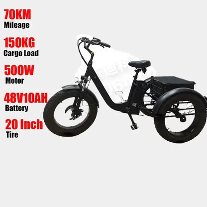 Electric Tricycle 500W Powerful Motor 48V10AH 3 Wheel Electric Bicycle Remove Lithium Battery Snow 20inch Fat Tire Cargo E-trike