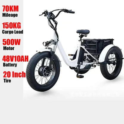 Electric Tricycle 500W Powerful Motor 48V10AH 3 Wheel Electric Bicycle Remove Lithium Battery Snow 20inch Fat Tire Cargo E-trike