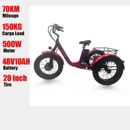 Electric Tricycle 500W Powerful Motor 48V10AH 3 Wheel Electric Bicycle Remove Lithium Battery Snow 20inch Fat Tire Cargo E-trike