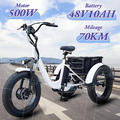 Electric Tricycle 500W Powerful Motor 48V10AH 3 Wheel Electric Bicycle Remove Lithium Battery Snow 20inch Fat Tire Cargo E-trike