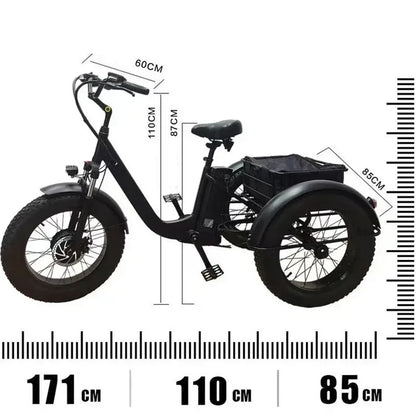 Electric Tricycle 500W Powerful Motor 48V10AH 3 Wheel Electric Bicycle Remove Lithium Battery Snow 20inch Fat Tire Cargo E-trike