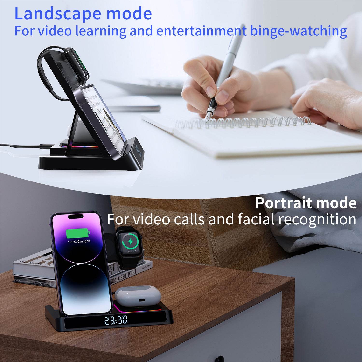 Wireless charging four in one folding clock charging dock suitable for wireless charging of Apple 14 mobile phones and watches - MarvelouStoree