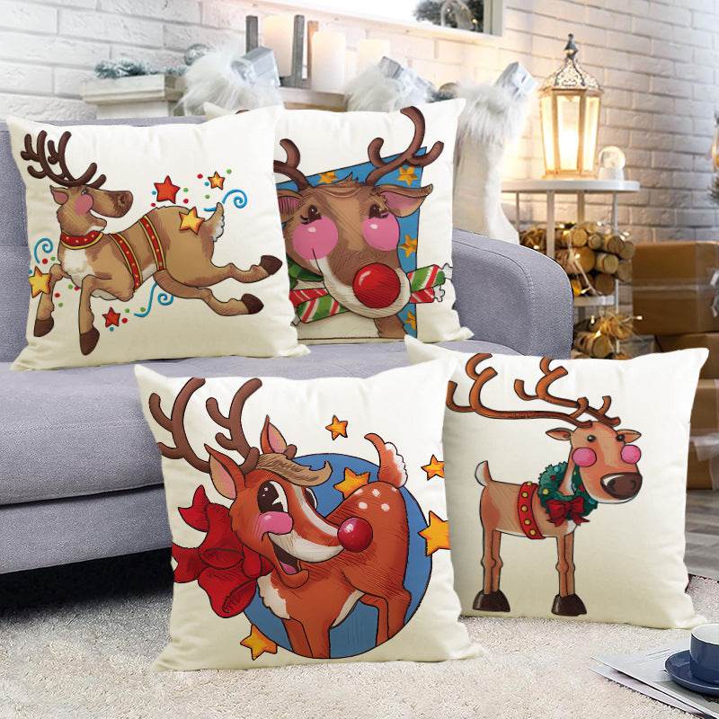 Christmas reindeer print pillow cover linen pillowcase home holiday sofa decoration - MarvelouStoree