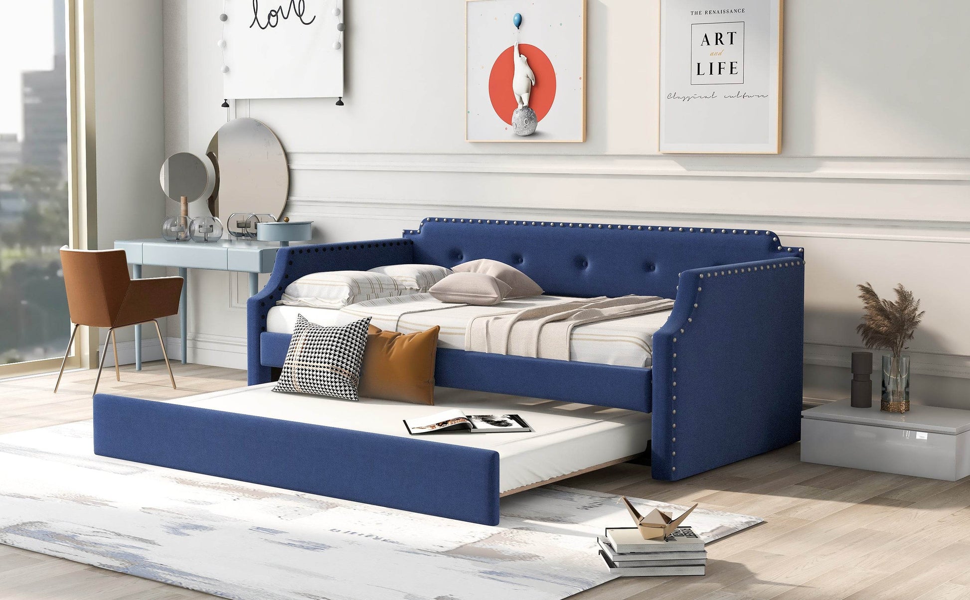 Upholstered Daybed with Trundle, Wood Slat Support,Upholstered Frame Sofa Bed Twin Blue - MarvelouStoree