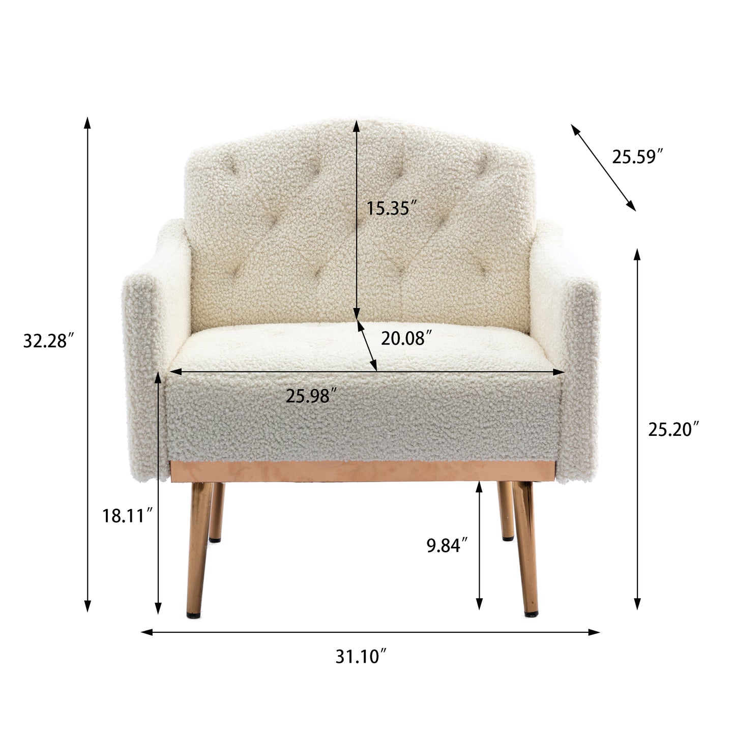 COOLMORE modern style armchair, plush decorative fabric armchair with golden metal legs (white teddy bear)