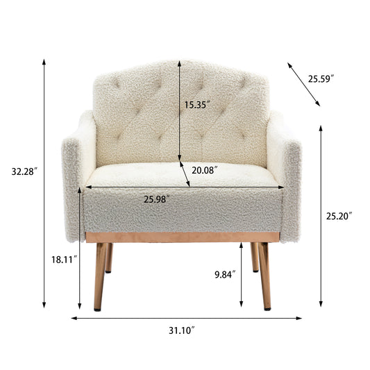 COOLMORE modern style armchair, plush decorative fabric armchair with golden metal legs (white teddy bear)