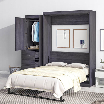 Full Size Murphy Bed with Wardrobe and Drawers, Storage Bed, can be Folded into a Cabinet, Gray - MarvelouStoree