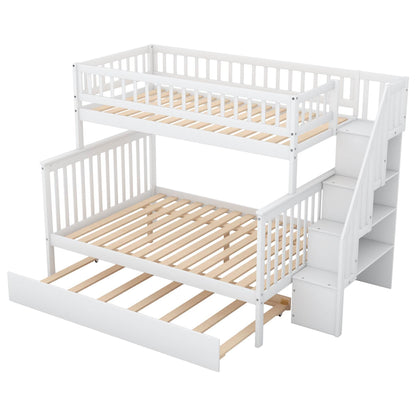 Twin over Full Bunk Bed with Trundle and Staircase White - MarvelouStoree