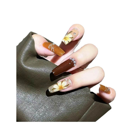 Wearable manicure pure handmade manicure finished fake nail patch autumn and winter caramel color hand-painted camellia light lu - MarvelouStoree