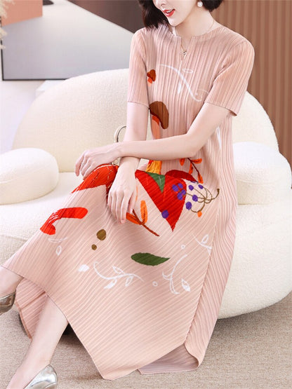 Pleated Dress 40-Year-Old Middle-Aged Women Short-Sleeved Dress Women's Summer New Elegant Mother's Summer Slim-Fit Dress