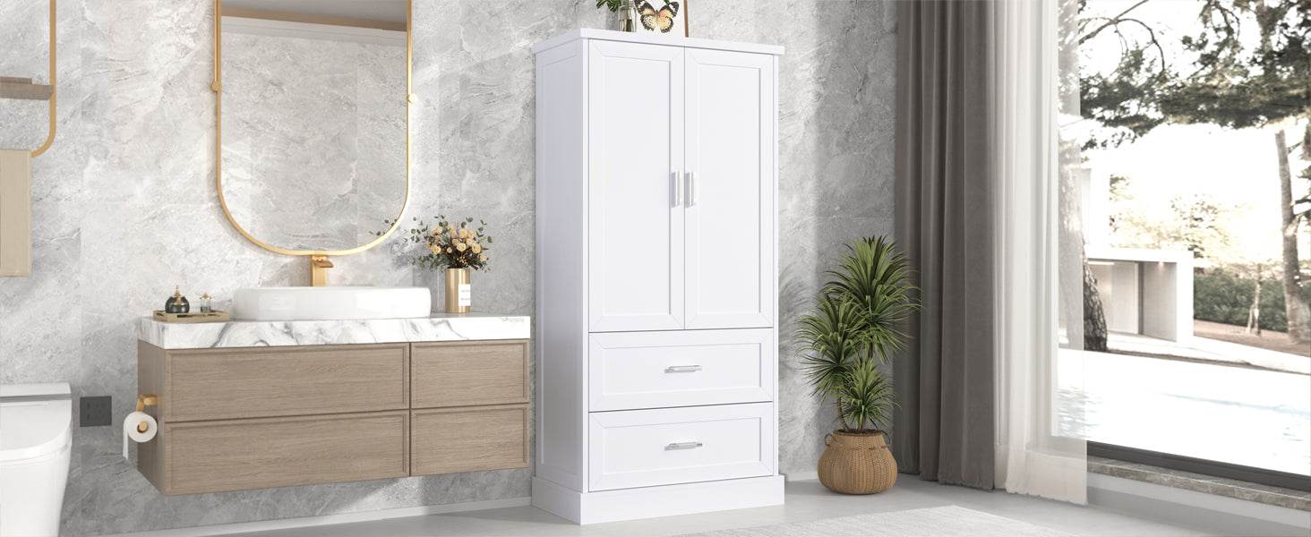 Tall Bathroom Storage Cabinet, Cabinet with Two Doors and Drawers, Adjustable Shelf, MDF Board, White - MarvelouStoree