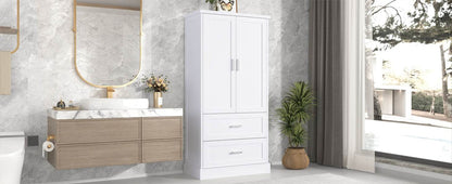 Tall Bathroom Storage Cabinet, Cabinet with Two Doors and Drawers, Adjustable Shelf, MDF Board, White - MarvelouStoree