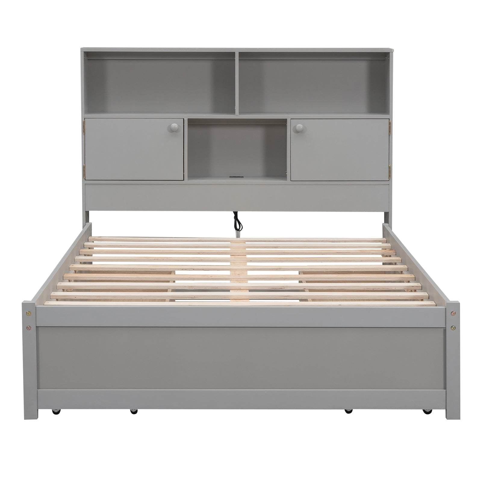 Full Size Platform Bed with Storage Headboard, Charging Station and 4 Drawers, Gray - MarvelouStoree