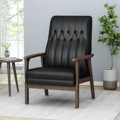 Mid Century Modern Upholstered Accent Chair, Matte Black Faux Leather - MarvelouStoree