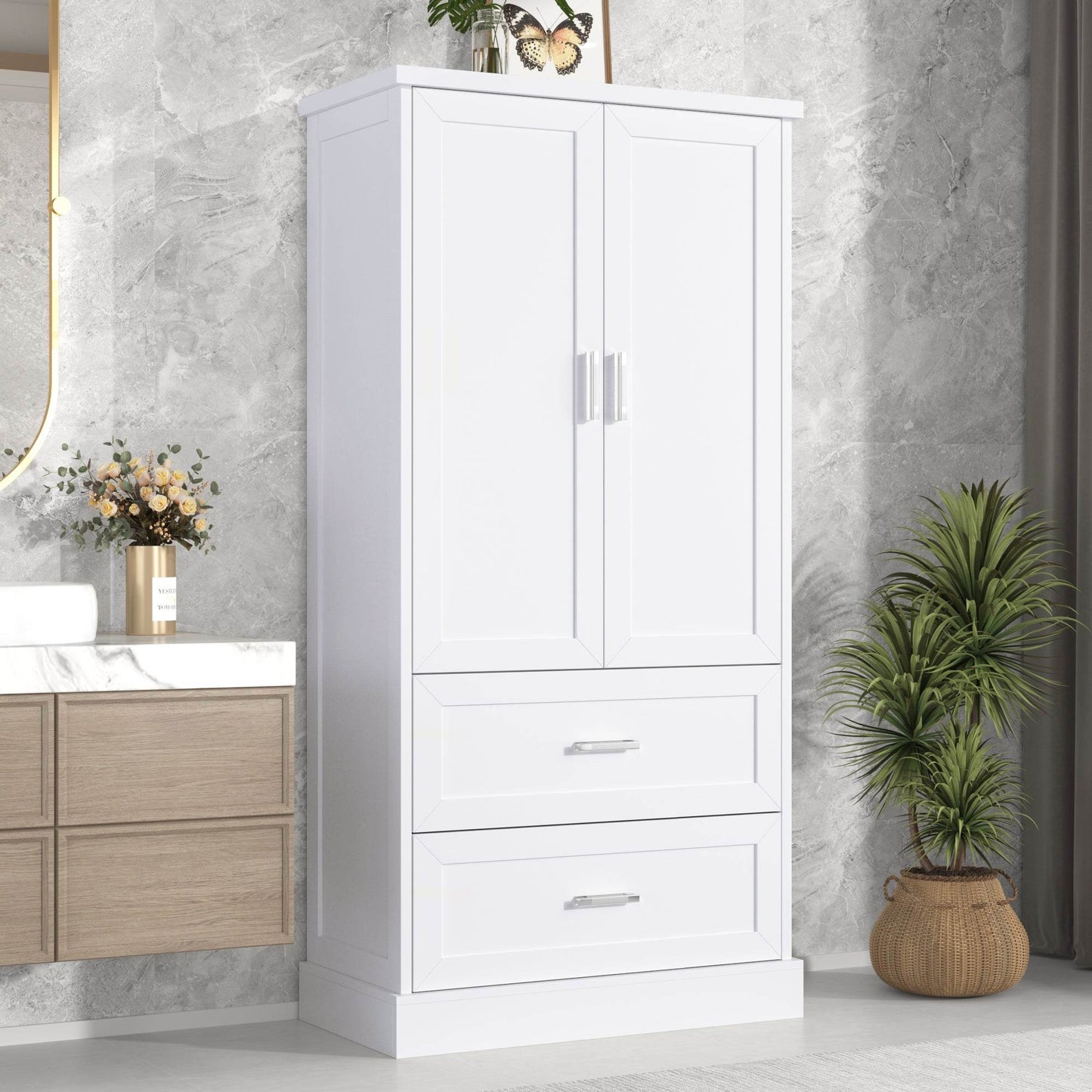 Tall Bathroom Storage Cabinet, Cabinet with Two Doors and Drawers, Adjustable Shelf, MDF Board, White - MarvelouStoree